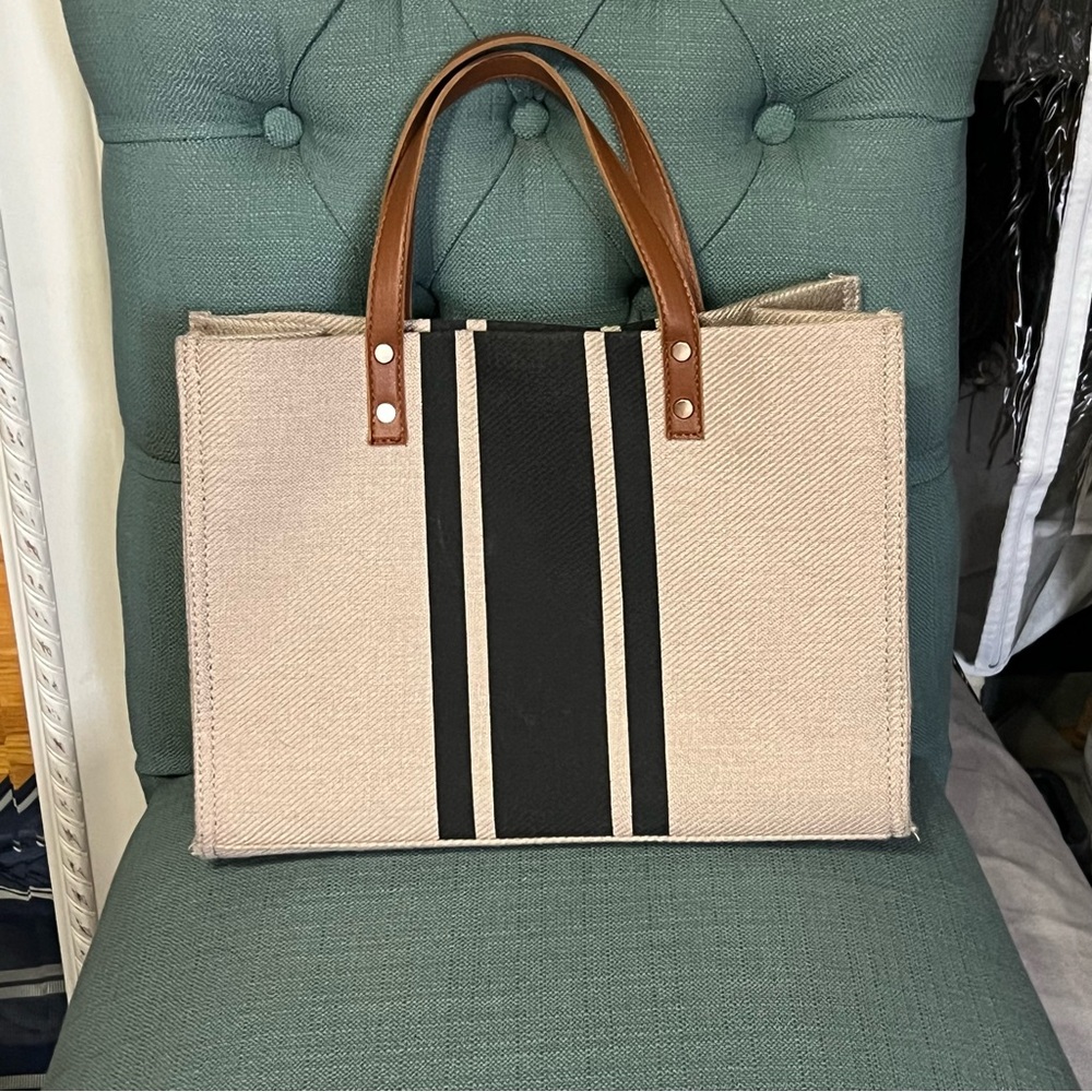 Structured Canvas Tote Bag Neutral Stripe Commuter & Beach Bag Tan/Black - Picture 2 of 10